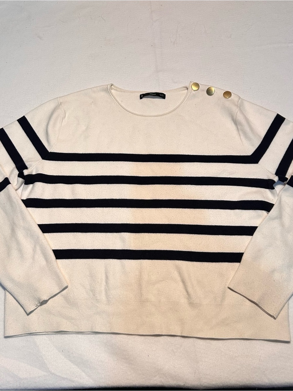 Mango Breton Striped Button-Shoulder Knit Sweater - Cream & Navy Sz L